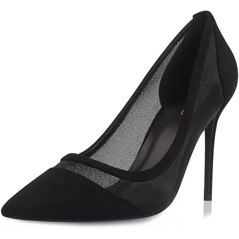 Women Black Mesh Polyurethane Closed Pointed Toe Stiletto High Heel Shoes Pumps